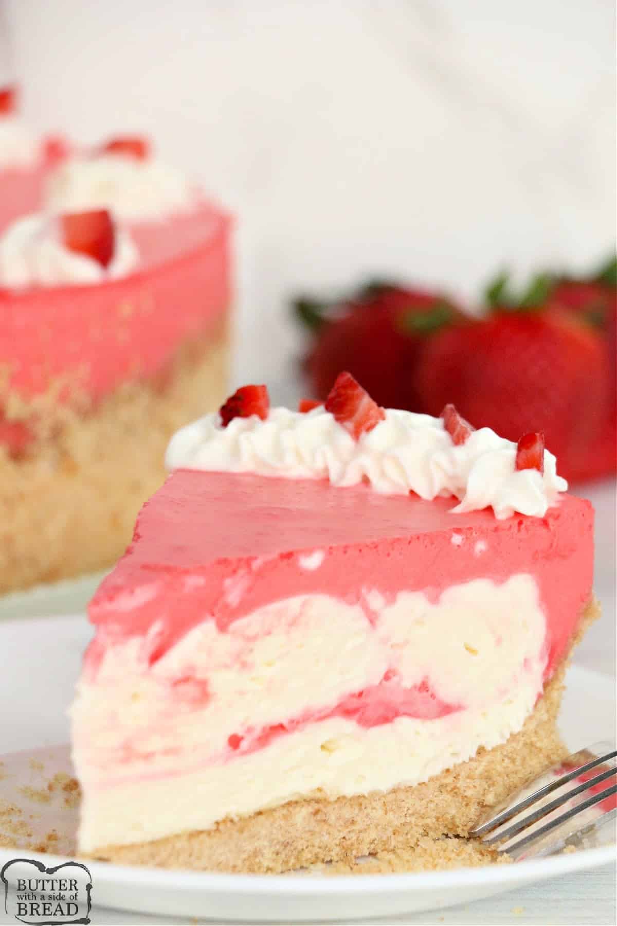 Simple no bake cheesecake made with strawberry jello