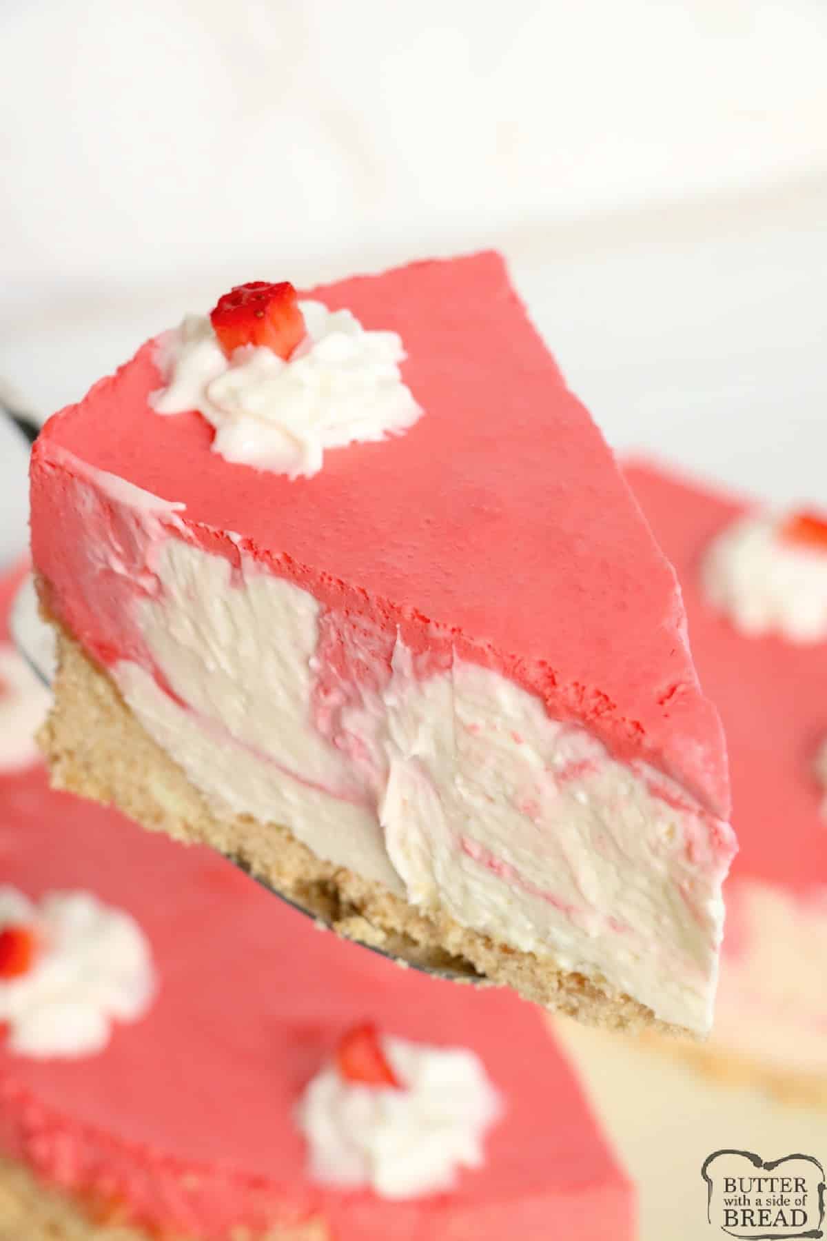 Slice of no bake strawberry cheesecake