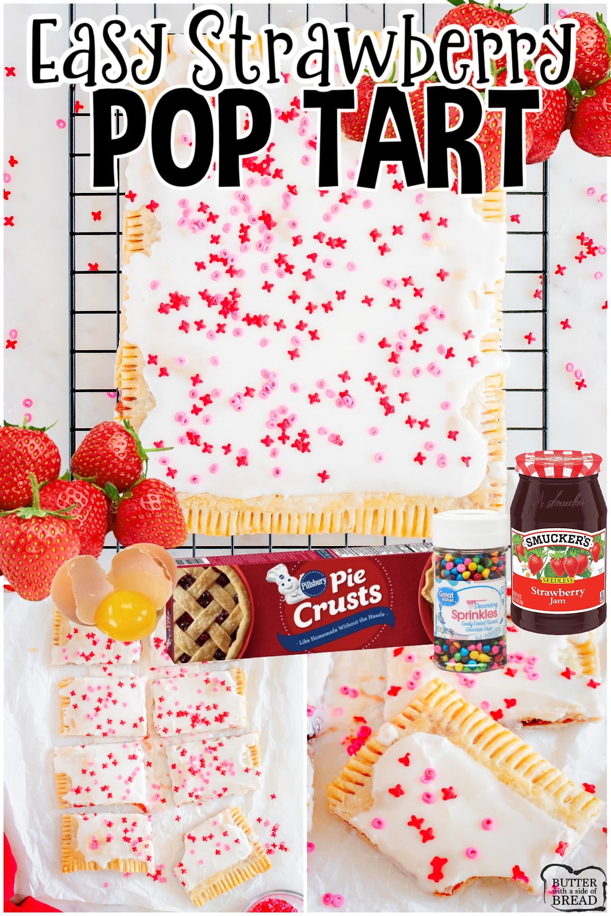 Nostalgic Strawberry Pop Tart made easy at home with just a handful of ingredients! Sweet strawberry jam is baked between layers of pie crust & topped with a simple vanilla glaze & sprinkles!