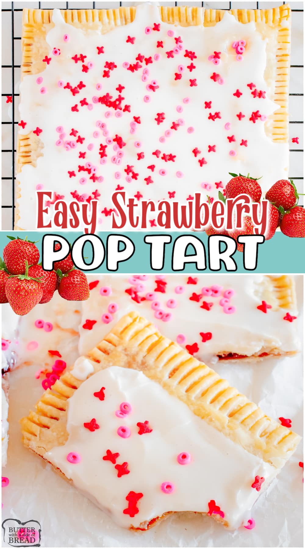 Nostalgic Strawberry Pop Tart made easy at home with just a handful of ingredients! Sweet strawberry jam is baked between layers of pie crust & topped with a simple vanilla glaze & sprinkles! 