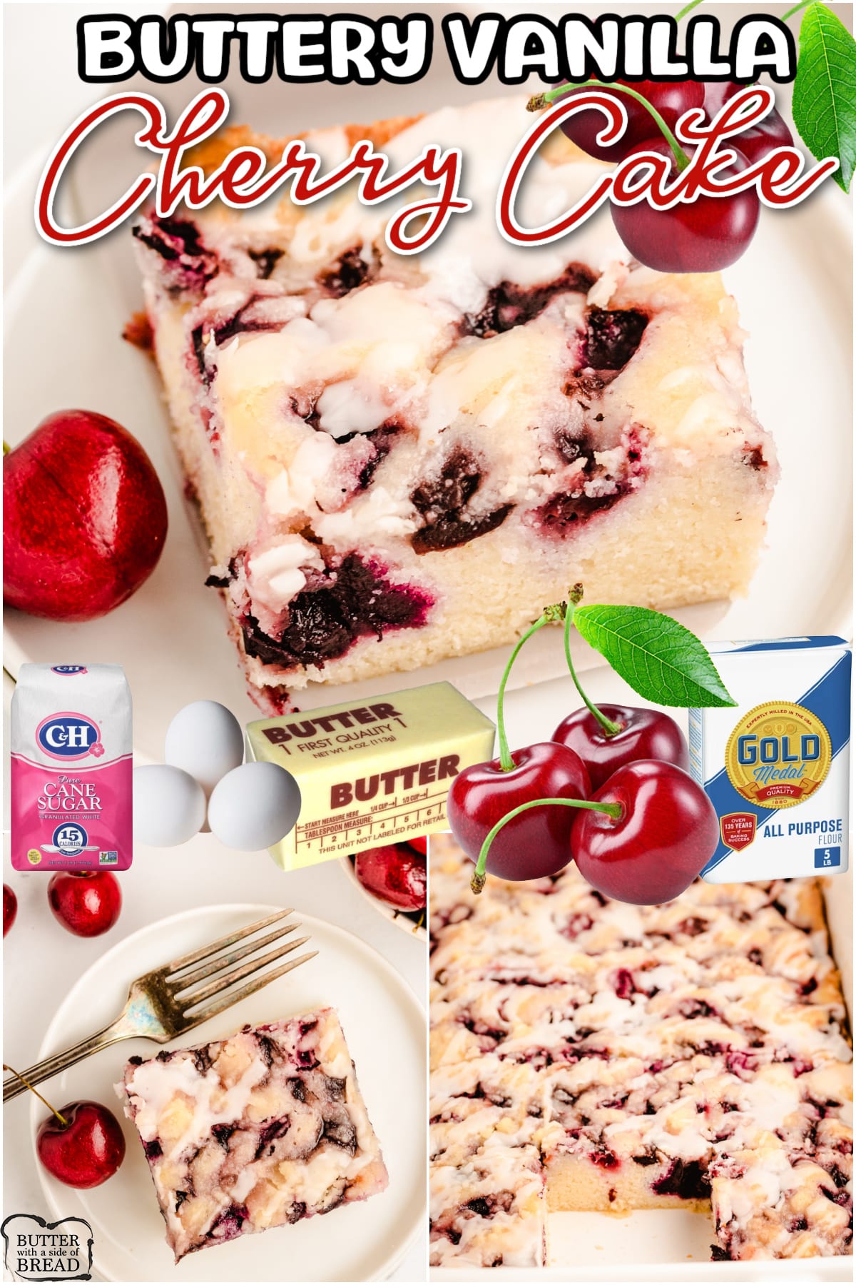 Buttery Cherry Cake is made with simple ingredients & is perfect for cherry lovers! Fantastic cherry almond flavor in this lovely, buttery homemade sheet cake recipe.