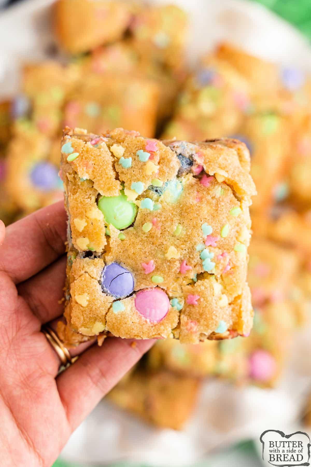 Buttery cookie bars with M&Ms