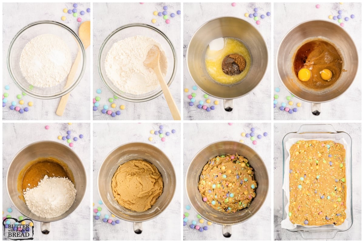 Step by step instructions on how to make M&M blondies