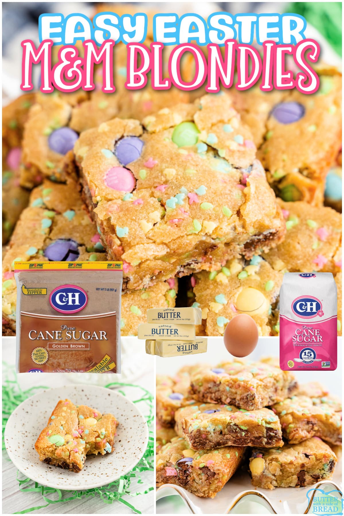 Easy Easter M&M Blondies are soft, chewy and perfect for spring! Delicious homemade blondie recipe that only takes a few minutes to make. 