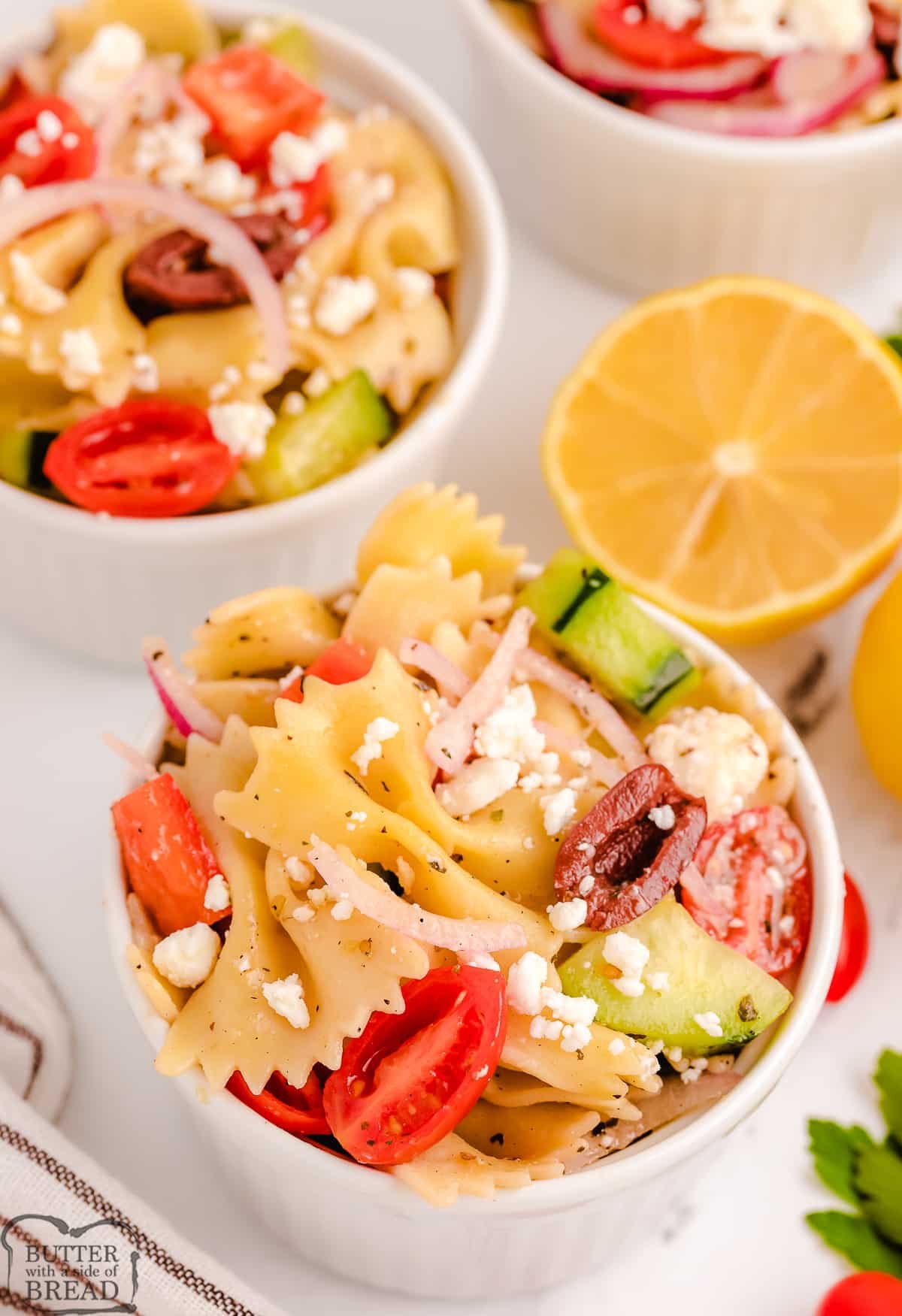 small bowls of lemony Greek pasta salad