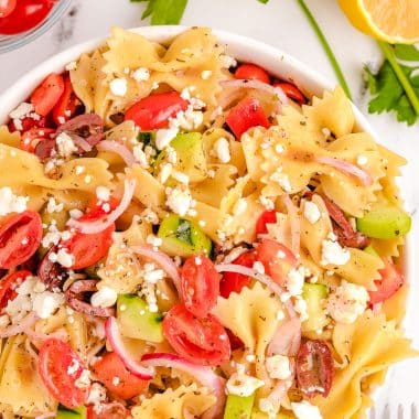 bowl of Greek pasta salad with vegetables and Feta cheese