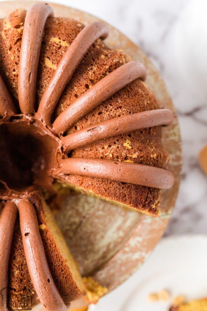 peanut butter banana cake with a slice taken out