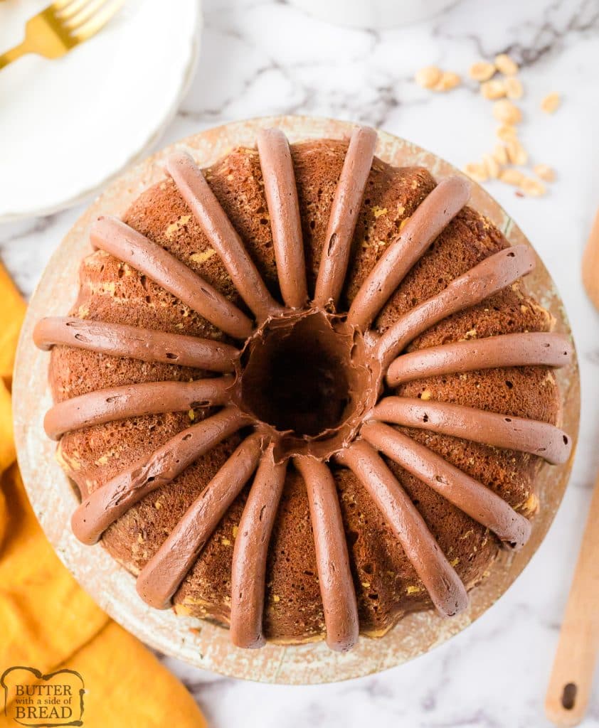 top down view of a peanut butter banana bundt cake