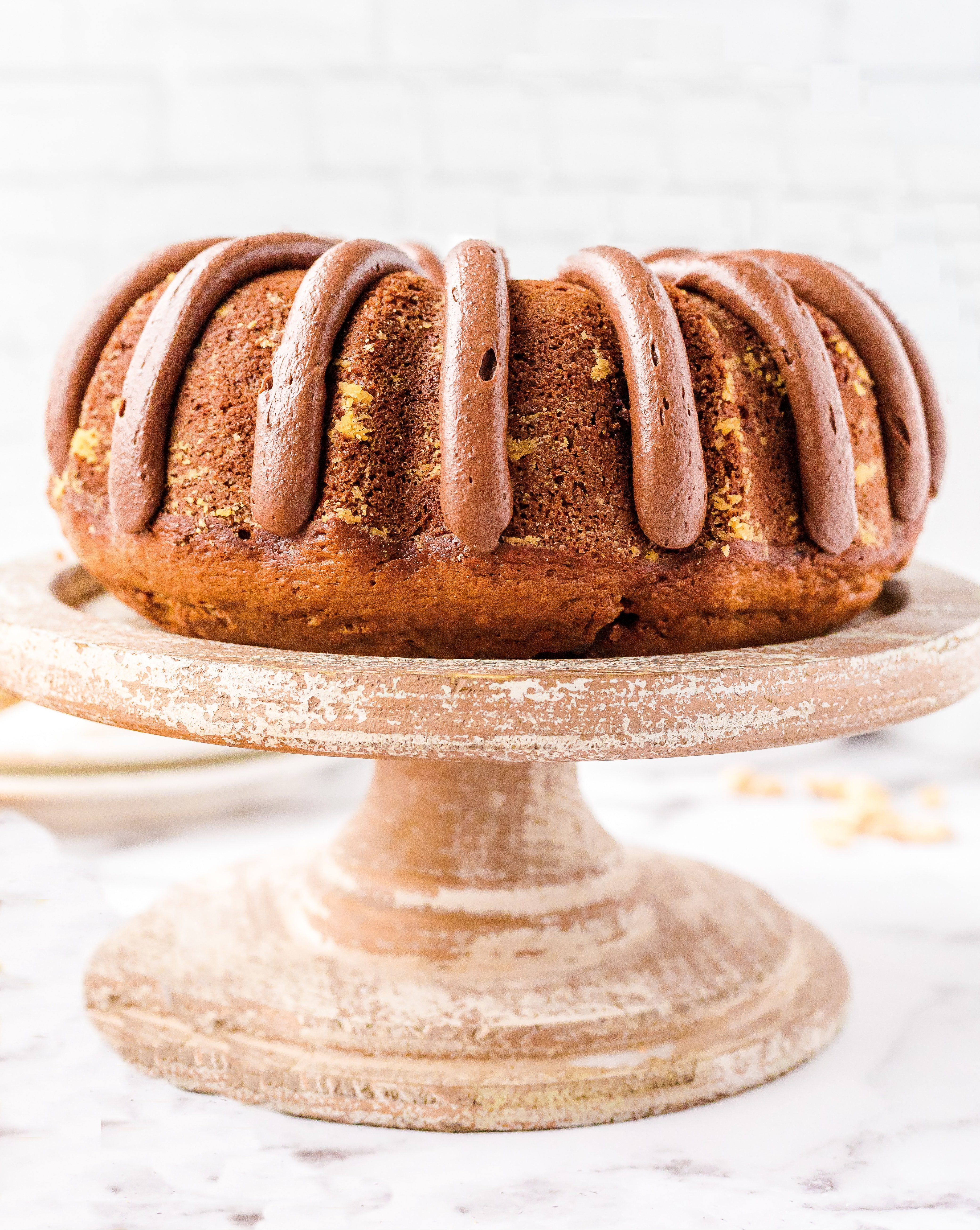 peanut butter banana bundt cake with chocolate frosting
