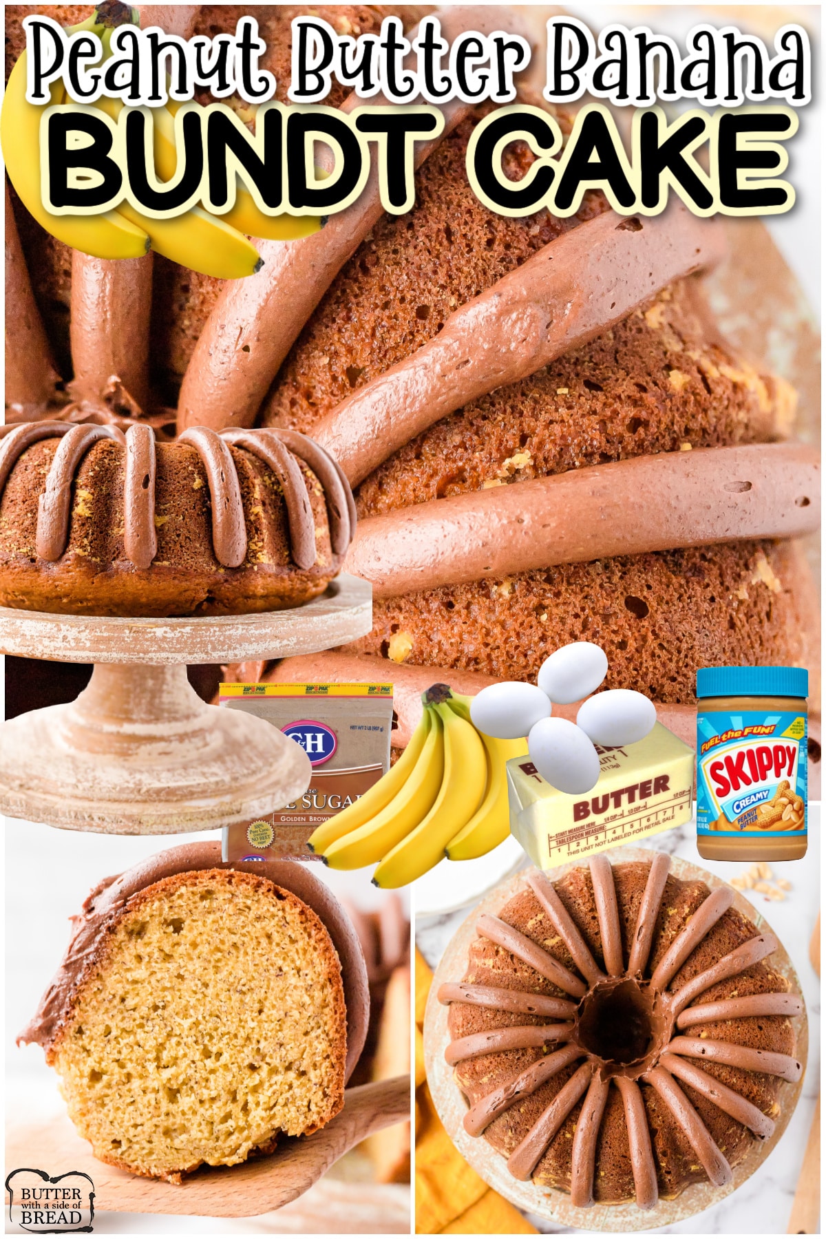 Peanut Butter Banana Bundt Cake made from scratch with ripe bananas & creamy peanut butter! Moist banana bundt cake iced with an incredible chocolate cream cheese frosting!