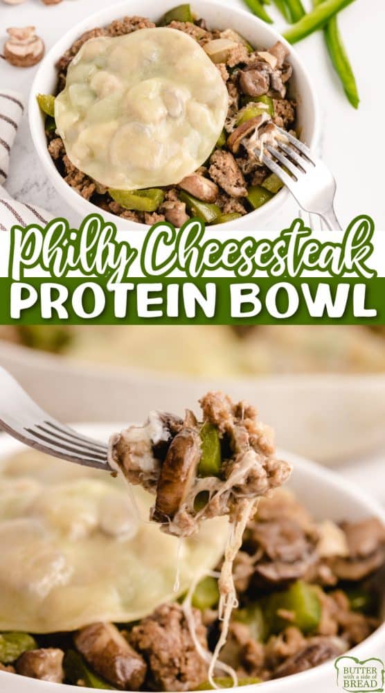 Philly Cheesesteak Bowls made with ground beef, onions, mushrooms, and provolone cheese. This recipe is a delicious high protein, low carb meal that is ready to eat in less than 20 minutes!