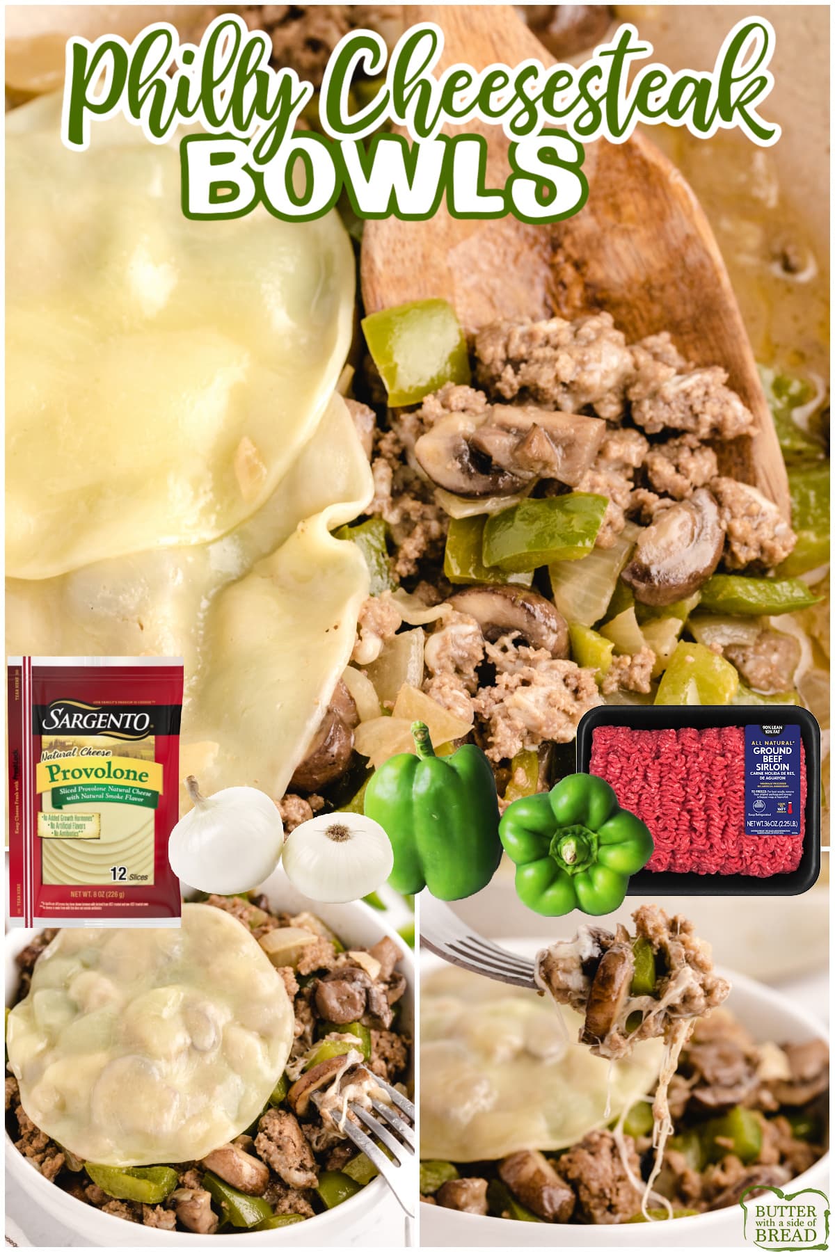 Philly Cheesesteak Bowls made with ground beef, onions, mushrooms, and provolone cheese. This recipe is a delicious high protein, low carb meal that is ready to eat in less than 20 minutes! 