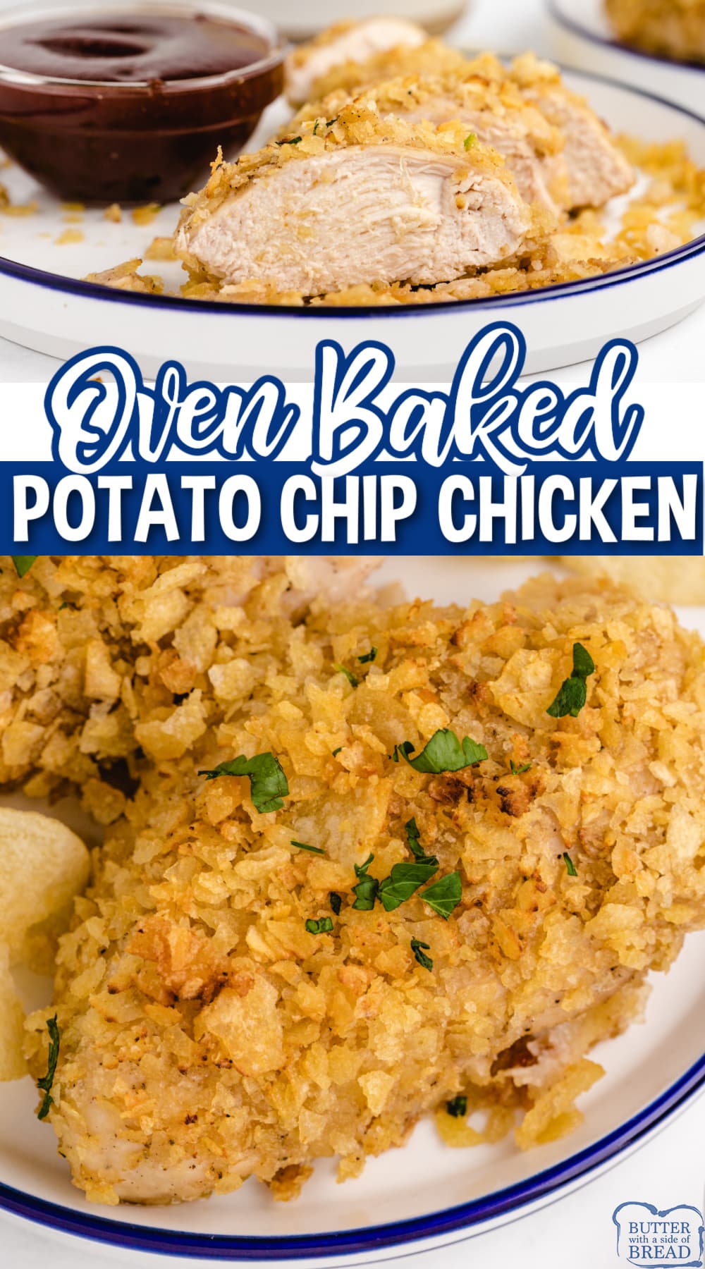 Potato Chip Chicken made with chicken breasts coated in crushed potato chips and lots of seasonings. Flavorful, juicy, oven baked chicken breast recipe.
