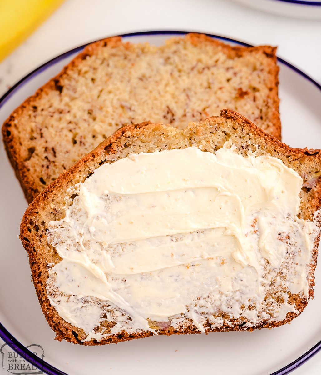 banana bread with butter slathered on top