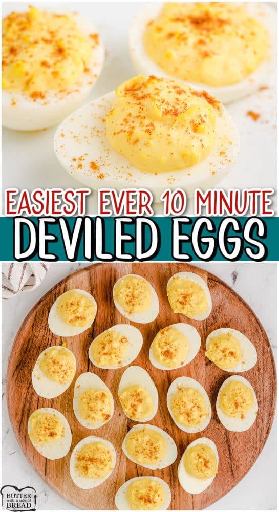 Simple recipe for the absolute EASIEST Deviled Eggs EVER! I've been making them this way for years, now I'm sharing all my time saving secrets! Enjoy deviled eggs in 10 minutes flat!