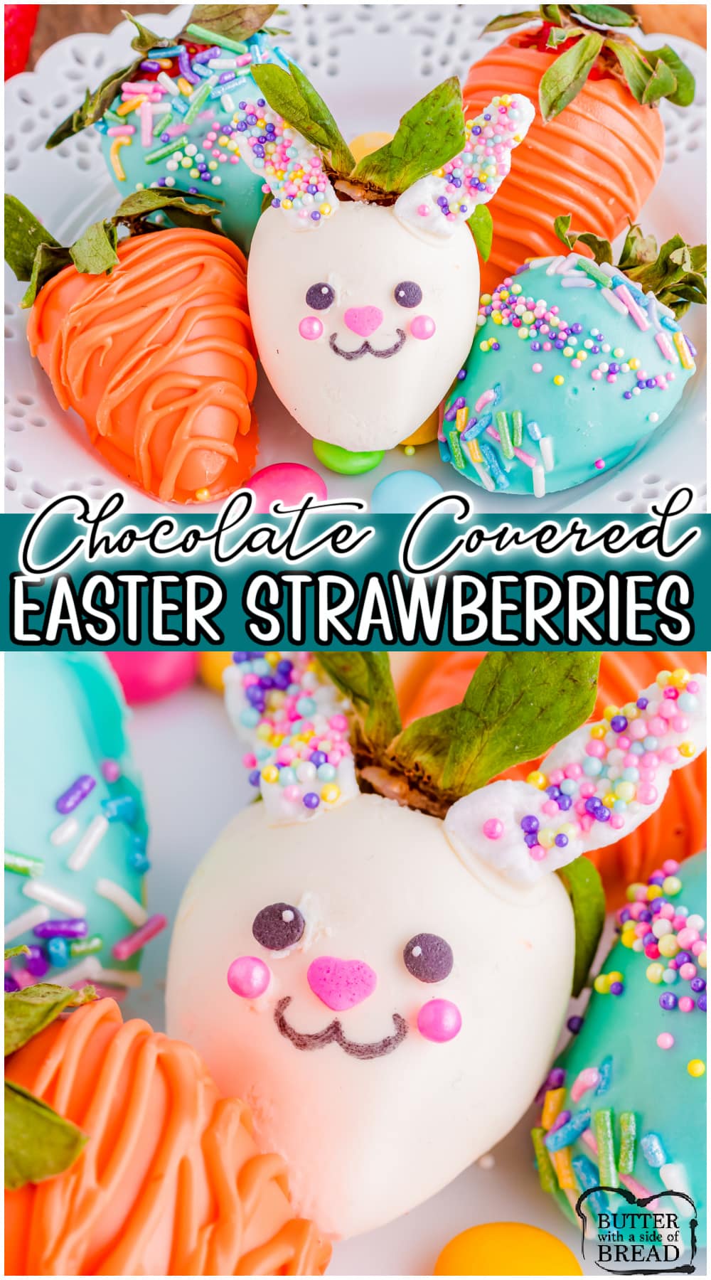 Easter Chocolate Covered Strawberries are fun, festive & perfect for your Easter dessert table! Strawberries dipped in chocolate & decorated like an Easter bunny, a carrot & an Easter egg! 