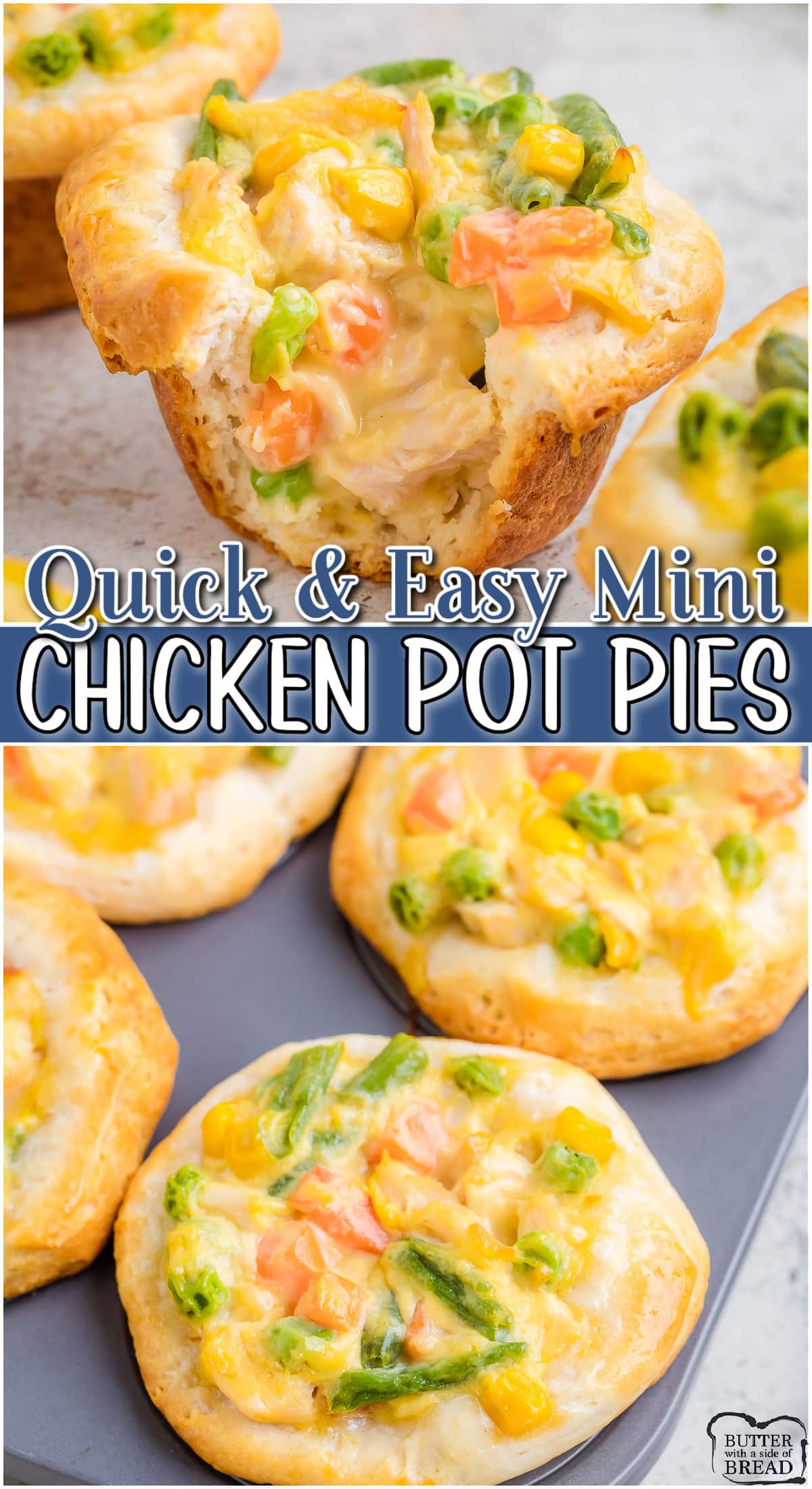 Muffin Tin Chicken Pot Pies made with just 4 simple ingredients in 20 minutes! Easy mini chicken pot pies with tender chicken & vegetables in a creamy sauce. Perfect weeknight dinner!
