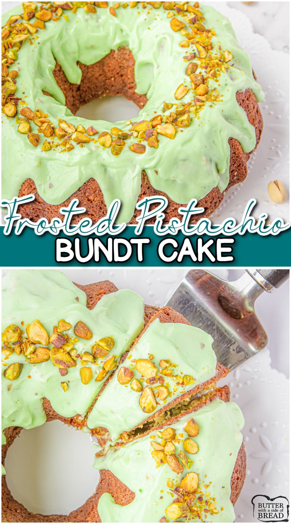 Pistachio Bundt Cake made with a cake mix, pudding mix, lemon lime soda & pistachios! This pistachio cake with frosting has a green tint & is especially festive around St. Patrick's Day!