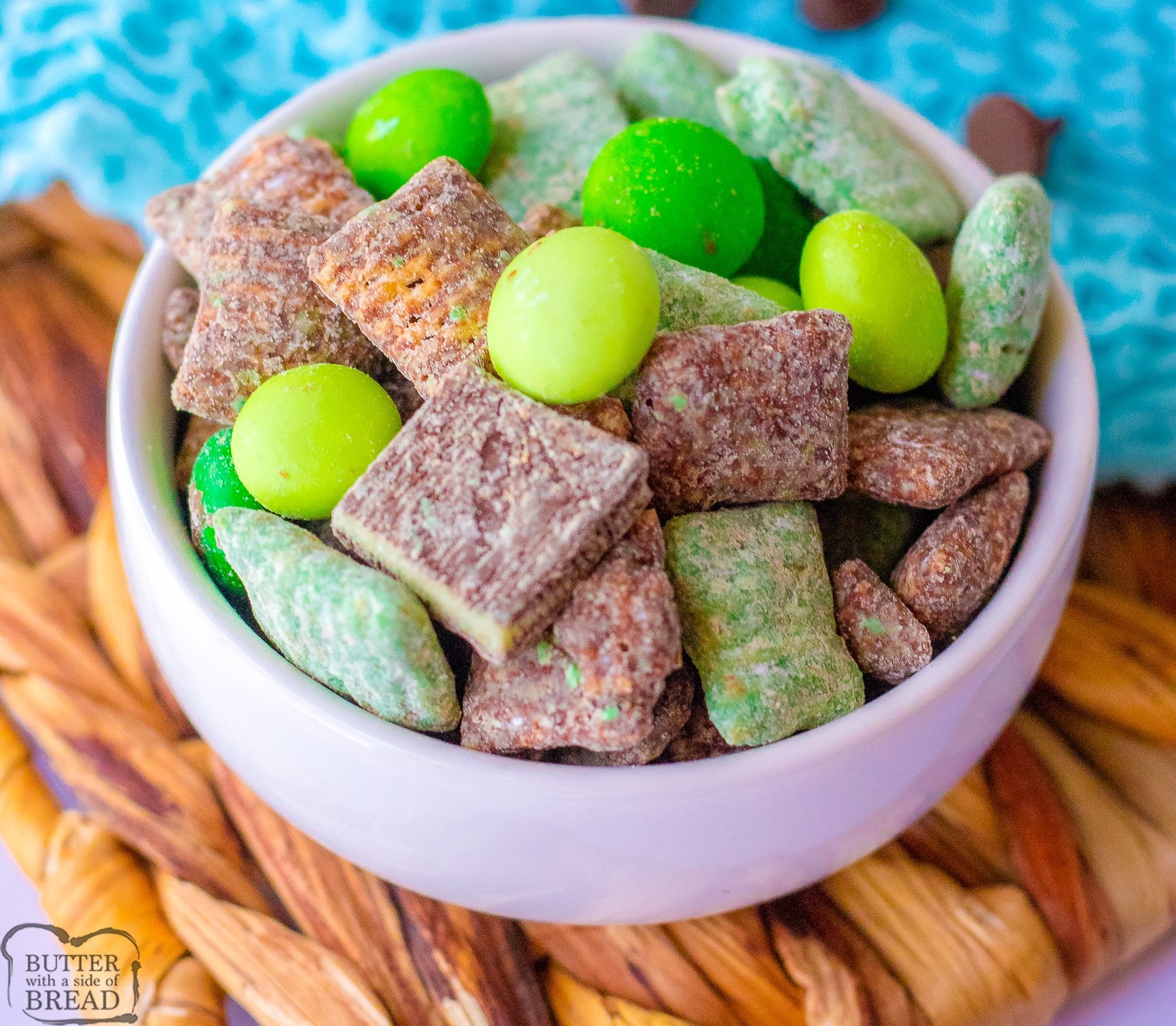 bowl of green mint Chex mix