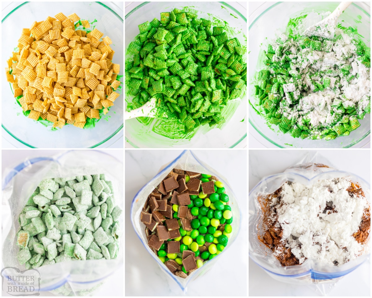 how to make Green muddy buddies Chex mix for St. Patrick's day