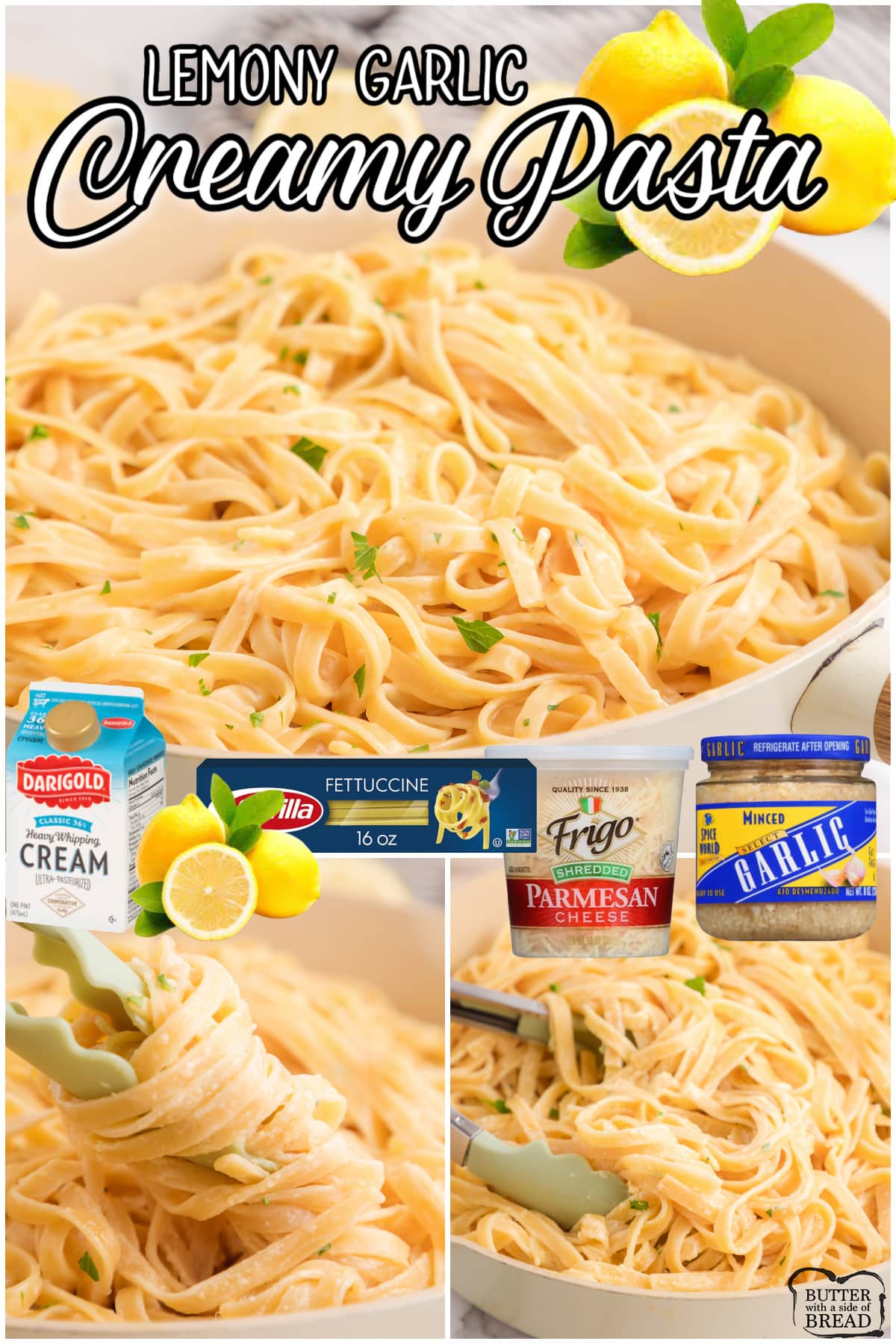 Lemony Garlic Pasta made with simple ingredients: cream, butter, garlic, lemon zest, Parmesan cheese & fettuccine pasta. Lovely creamy pasta recipe with incredible flavors!