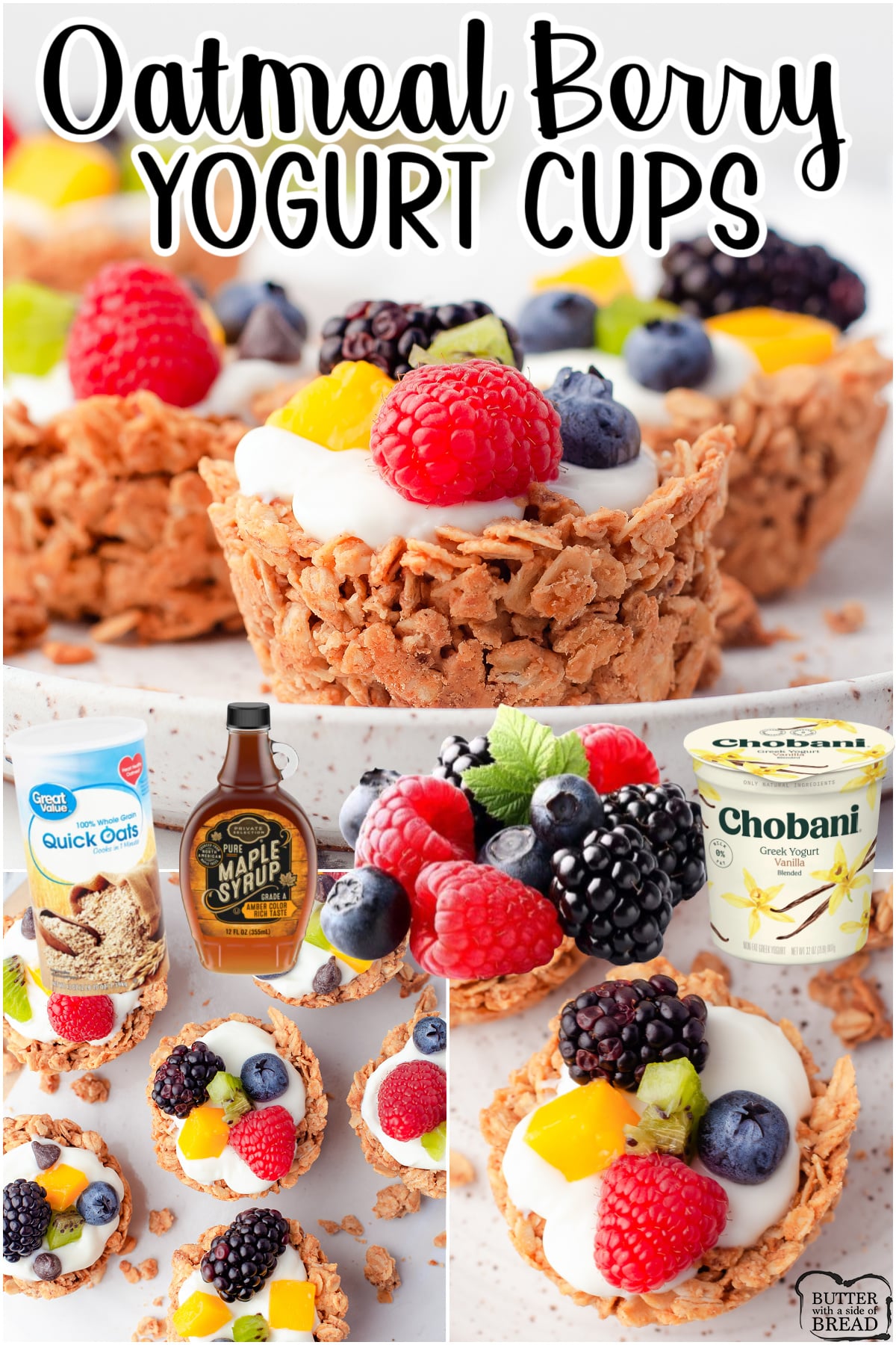 Oatmeal Yogurt Cups made easily with oats, peanut butter, maple syrup & cinnamon! Baked, then topped with Greek yogurt & berries, for an easy breakfast or snack!