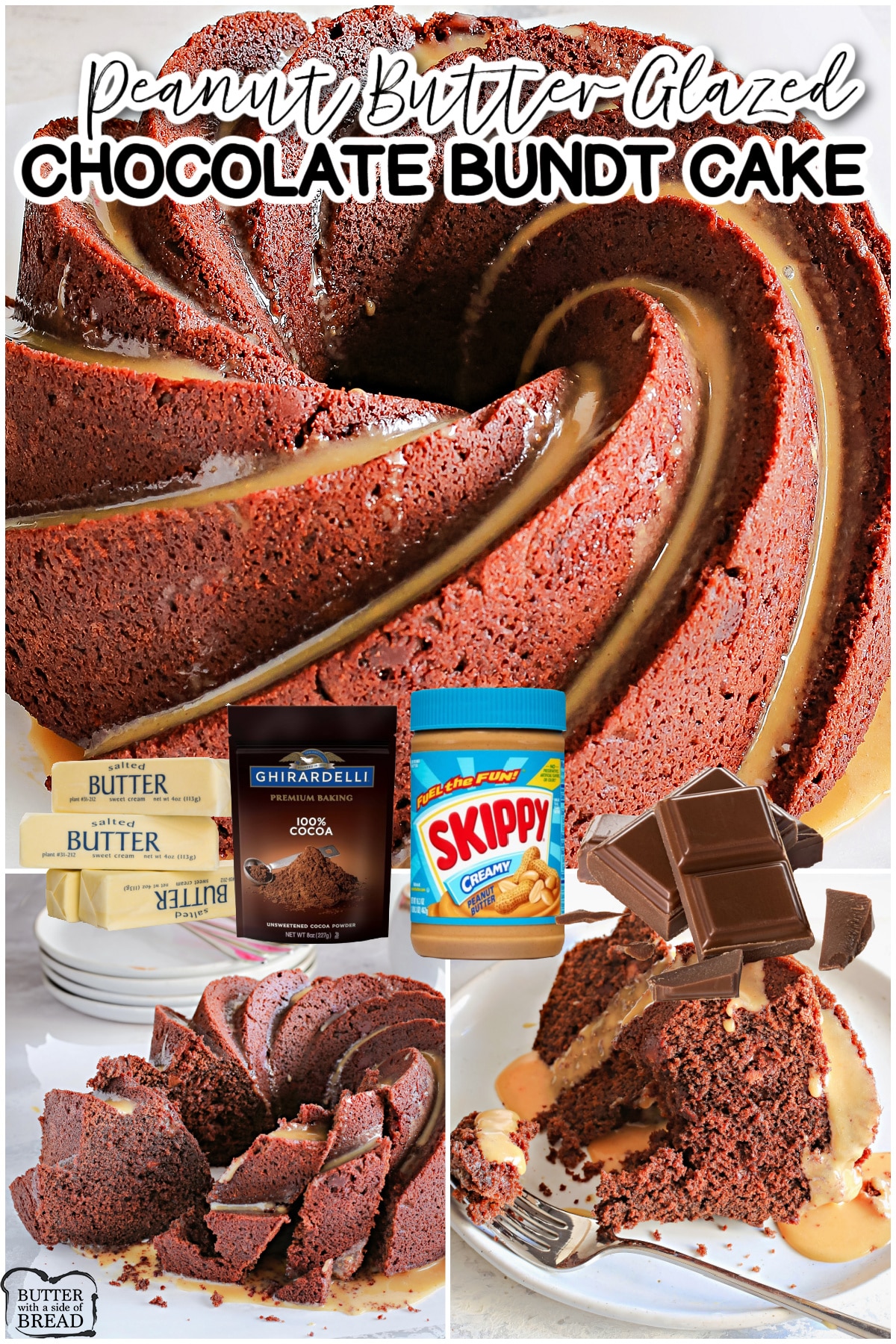Chocolate Bundt Cake with Peanut Butter Glaze features a moist rich cake, loaded with chocolate chips and drizzled with a creamy peanut butter glaze.