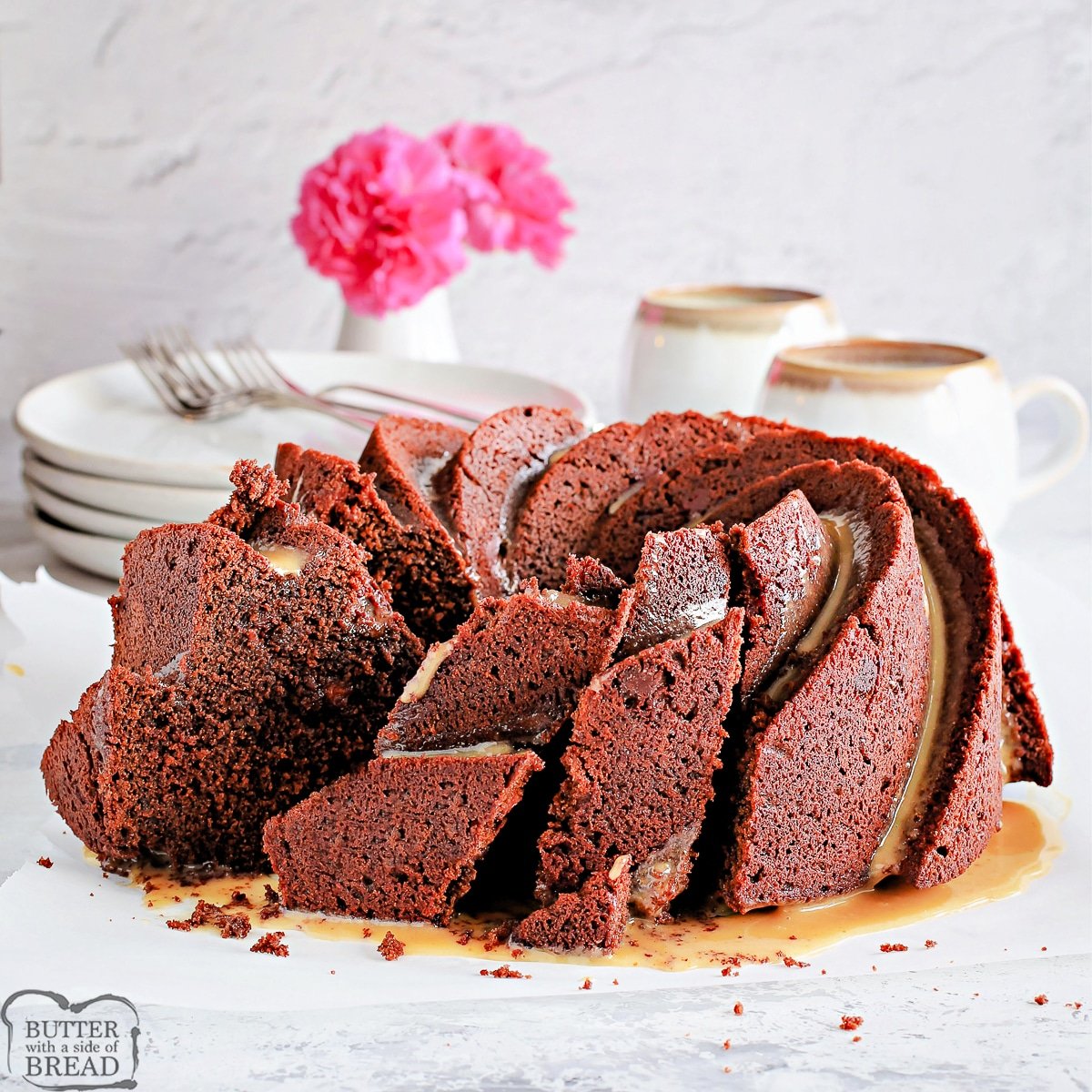 chocolate bundt cake with slices cut