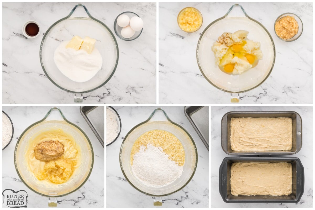 Step by step instructions on how to make banana bread with crushed pineapple
