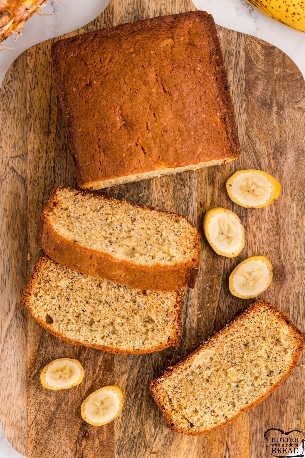 Banana bread recipe made with crushed pineapple