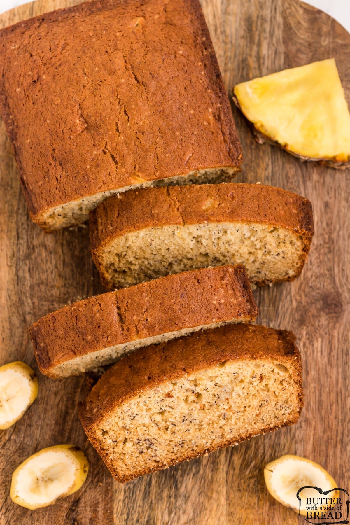 Sliced banana bread made with crushed pineapple