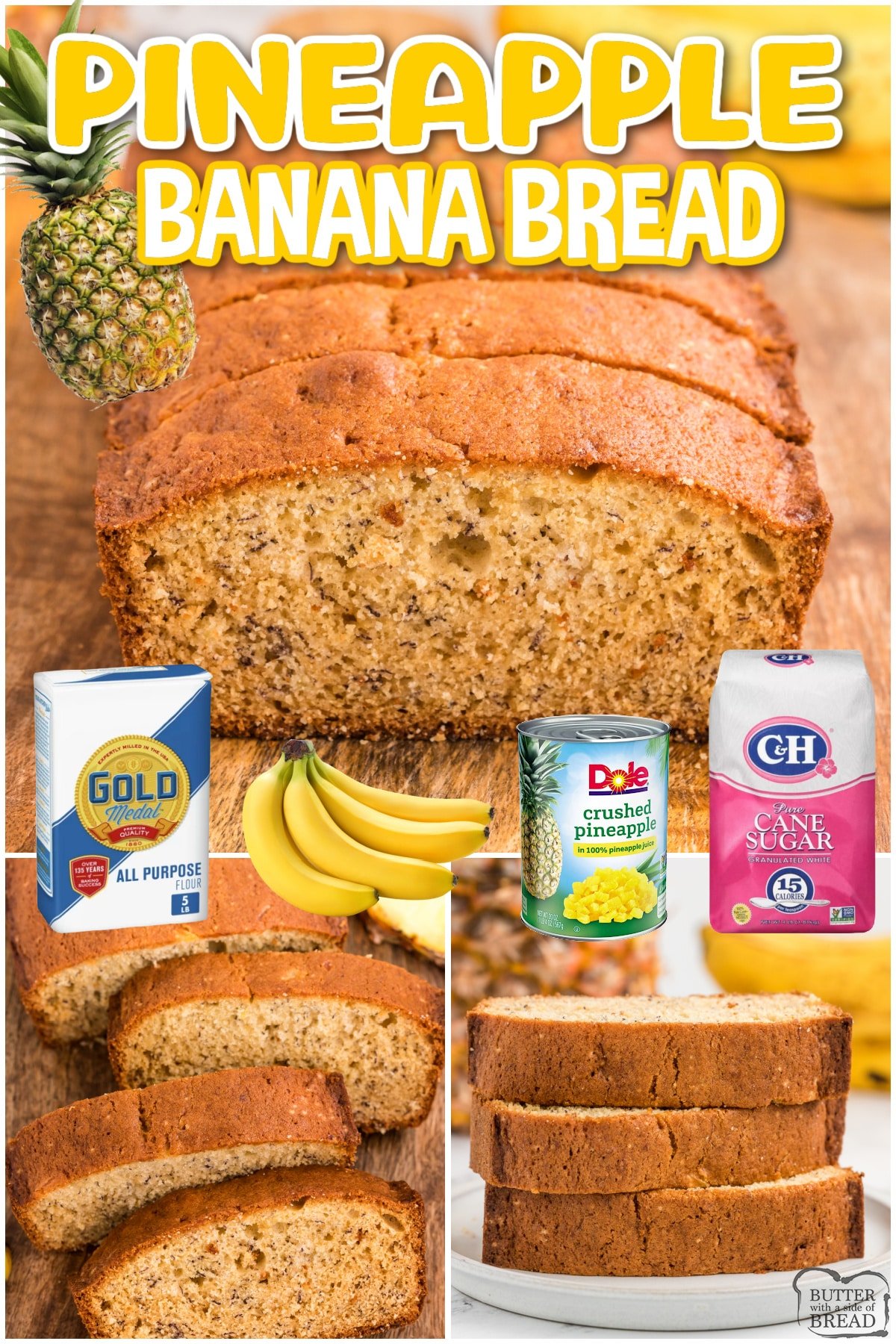Pineapple Banana Bread made with ripe bananas and crushed pineapple! The pineapple adds moisture and flavor to this delicious banana bread recipe.  
