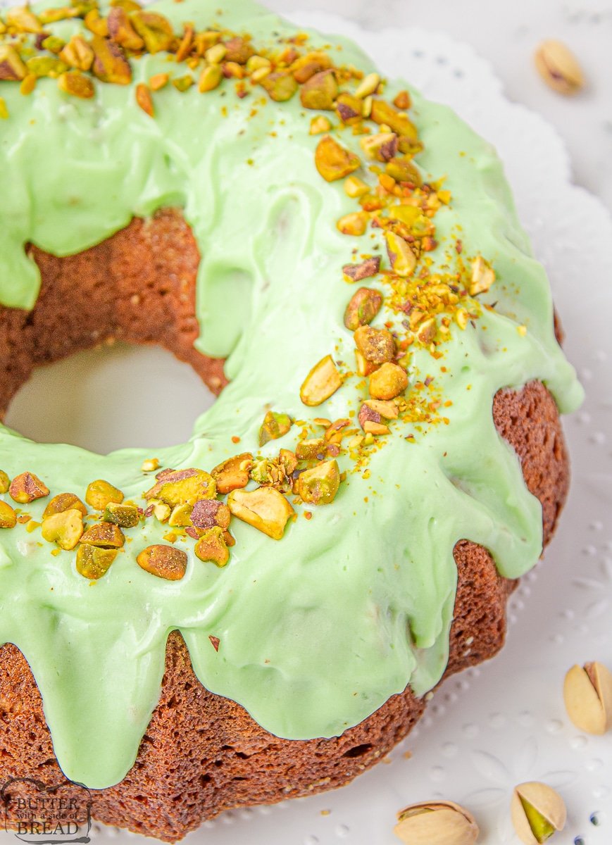 easy pistachio bundt cake made with a can of soda