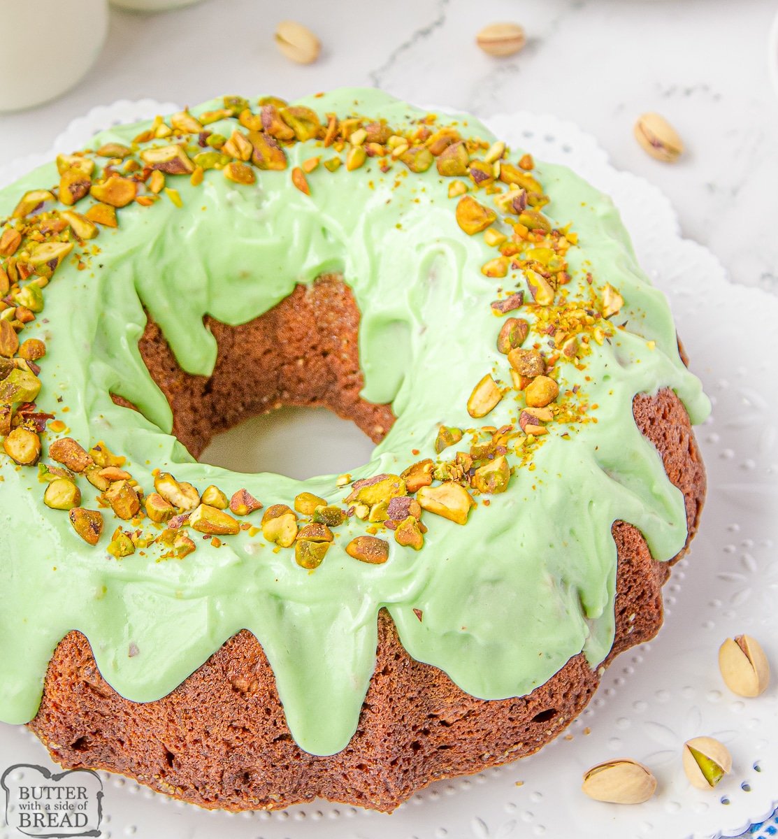 green bundt cake made with pistachio pudding mix