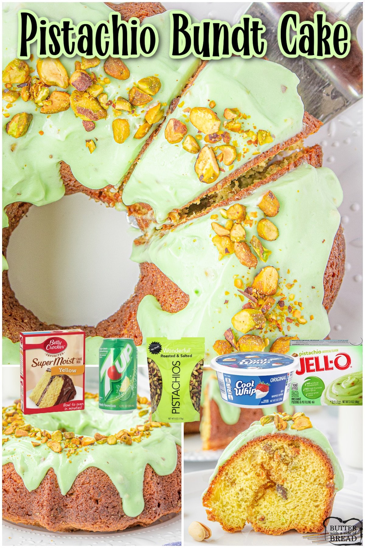 Pistachio Bundt Cake made with a cake mix, pudding mix, lemon lime soda & pistachios! This pistachio cake with frosting has a green tint is especially festive around St. Patrick's Day!