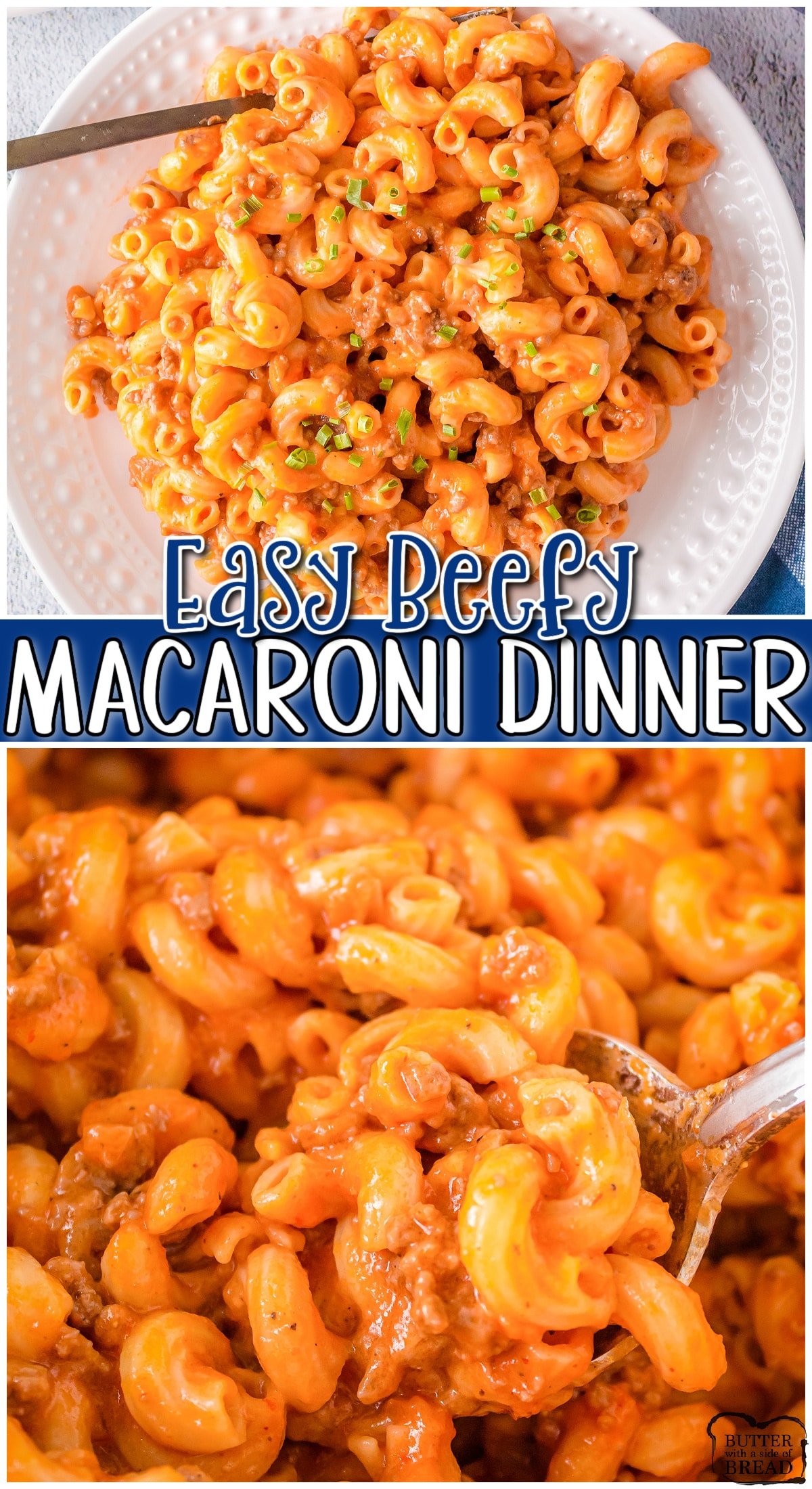Beefy Mac Dinner made with pantry ingredients & served topped with plenty of cheese in 35 minutes! Macaroni combined with a flavorful beef tomato sauce is the perfect weeknight dinner!