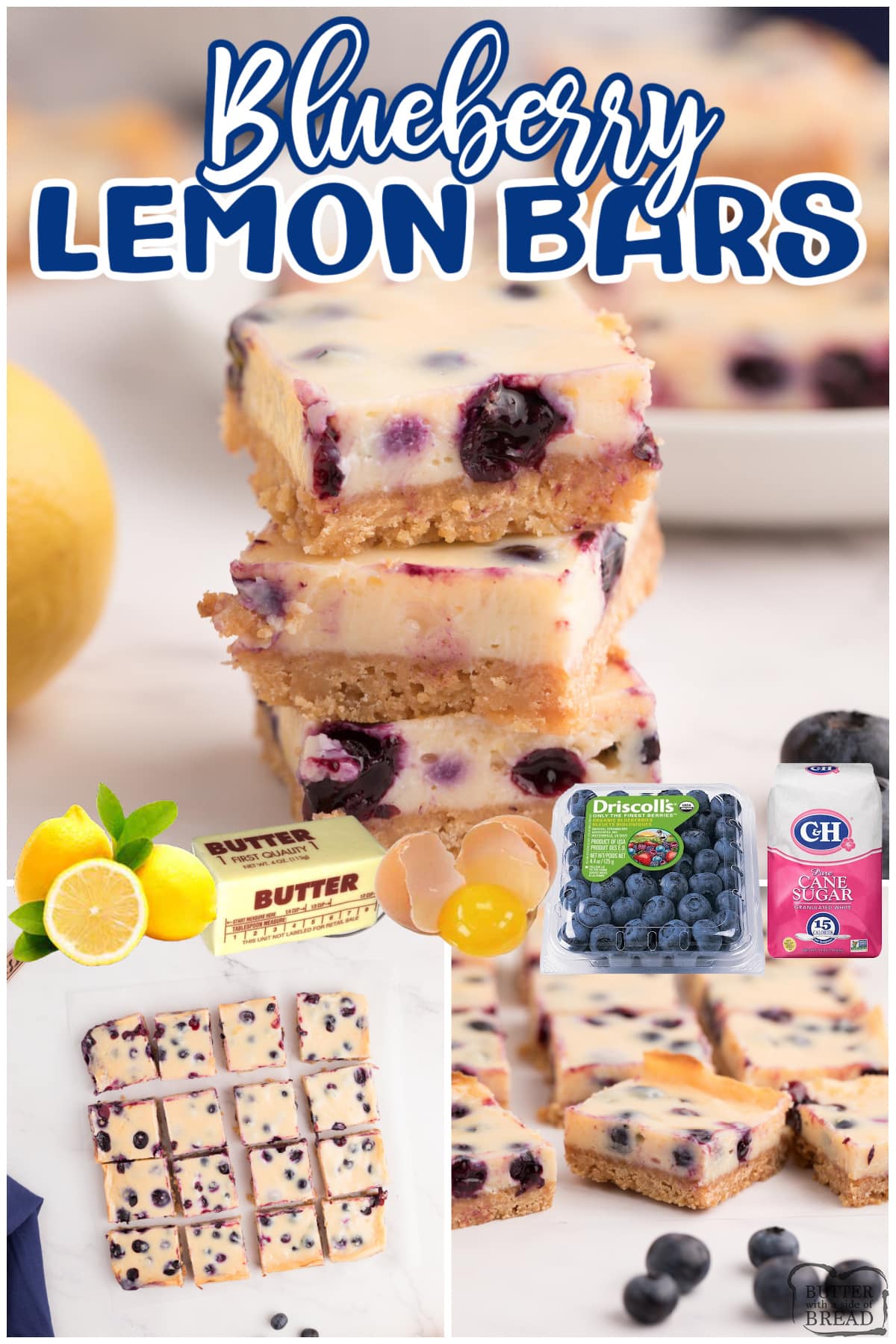 Blueberry Lemon Bars add a fun twist to the classic lemon bar recipe. The crust is made with graham cracker crumbs, which is topped with a creamy lemon layer filled with fresh blueberries.