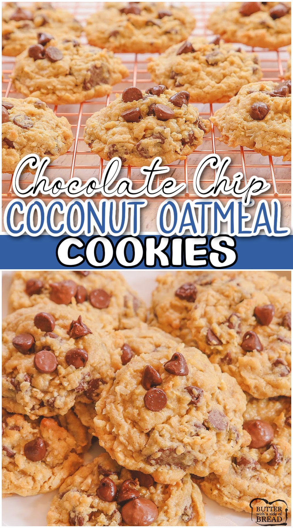 Chocolate Chip Coconut Oatmeal Cookies are loaded with sweet coconut, chocolate chips & oats! Delightful oatmeal chocolate chip cookie recipe with the addition of coconut for great chewy texture!