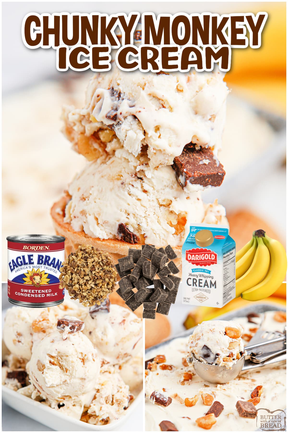 Chunky Monkey Ice Cream made with bananas, dark chocolate chunks and walnuts, no ice cream maker required. This rich, creamy version of the popular Ben & Jerry's ice cream is so easy to make!
