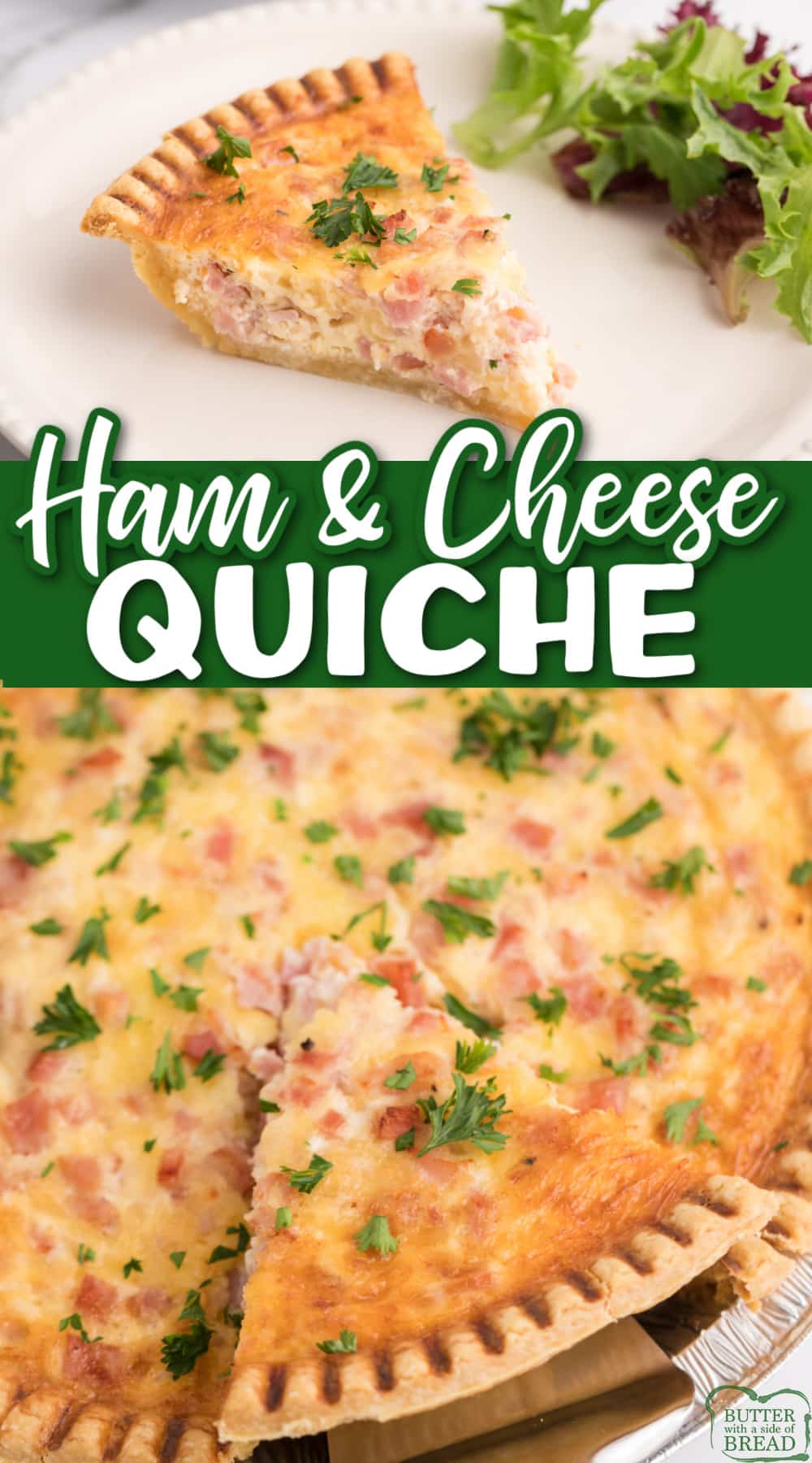 Ham and Cheese Quiche is made with a simple pie crust, eggs, ham, cheese and milk. Only 10 minutes of prep for this delicious quiche recipe that is perfect for brunch or breakfast. 