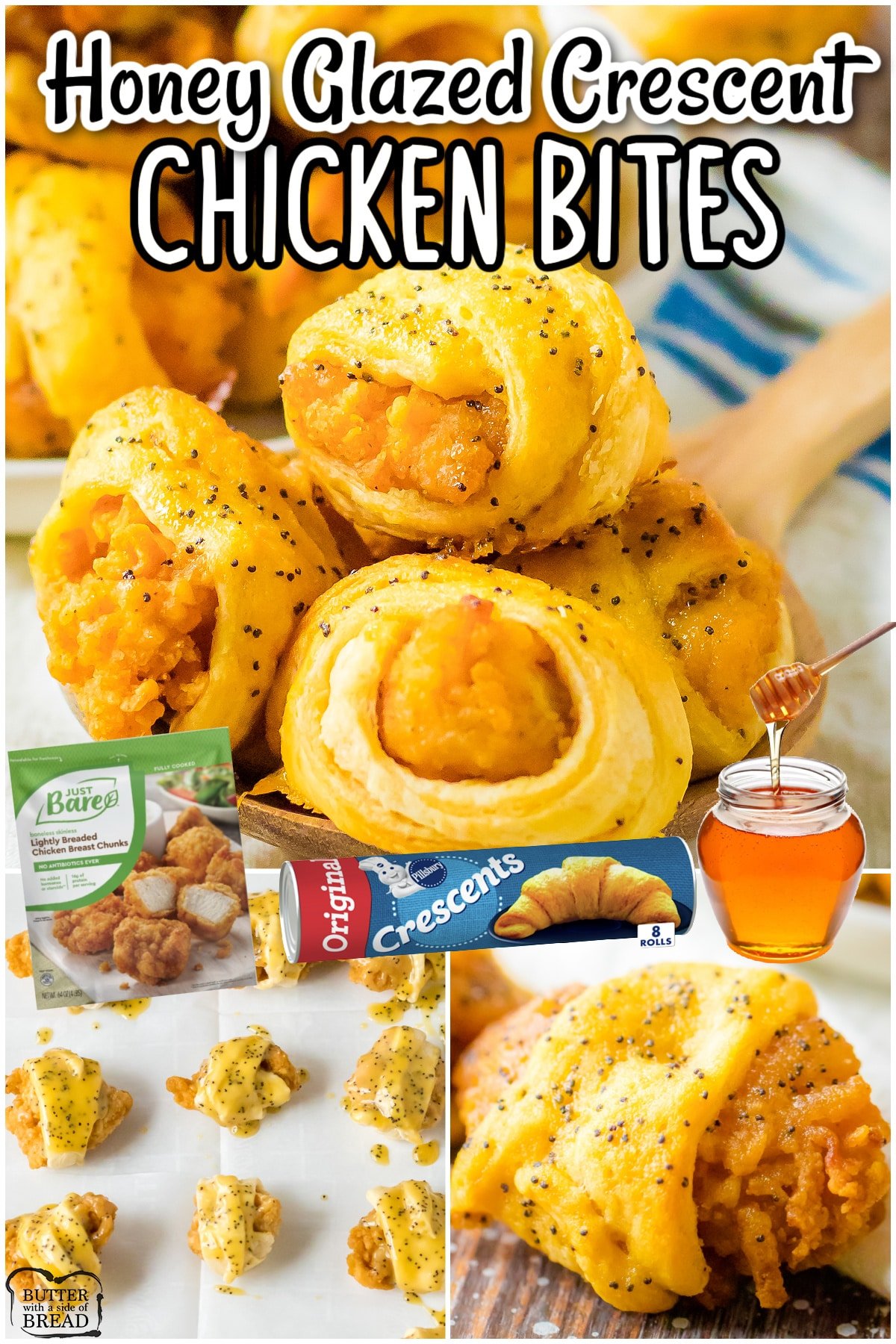 Honey Glazed Chicken Crescent Bites are popcorn chicken wrapped in buttery crescent rolls, then brushed with a sweet honey mustard glaze! Perfect savory appetizer that everyone loves!
