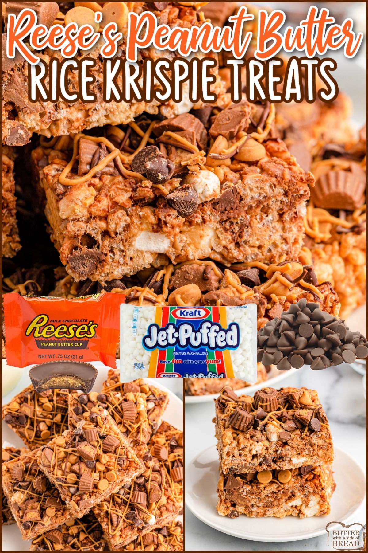 Reese's Rice Krispie Treats are loaded with mini Reese’s peanut butter cups, peanut butter chips, and semisweet chocolate chips. Simple rice krispie treat recipe packed with chocolate and peanut butter!