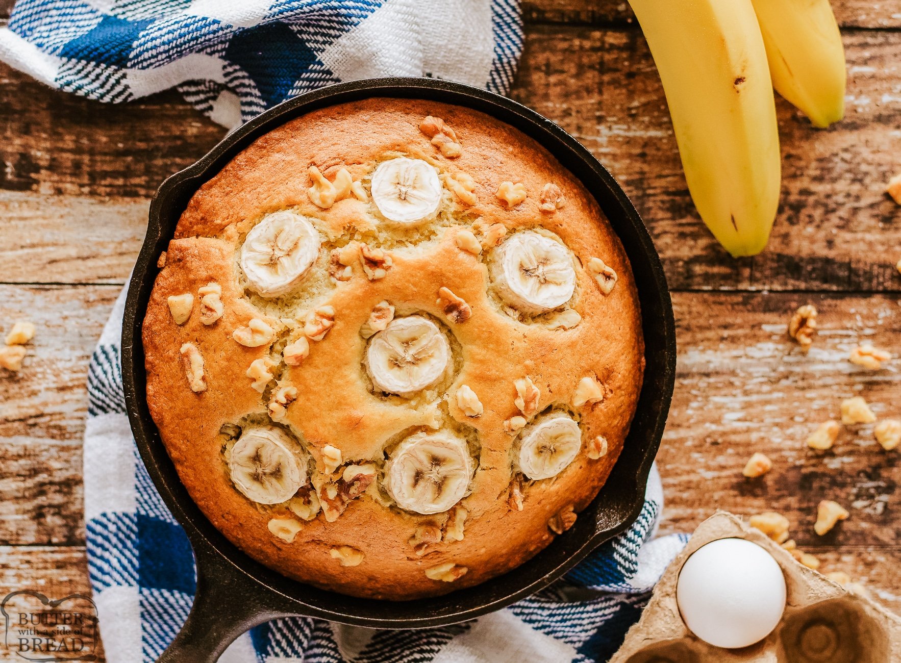 banana bread baked in a cast iron skillet