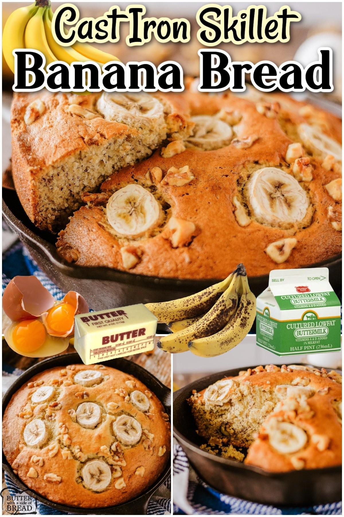 This incredible Cast Iron Banana Bread recipe takes what you already know and love about banana bread, but baked in a skillet! Your family is sure to enjoy this moist, soft homemade banana bread topped with sliced bananas & walnuts. 