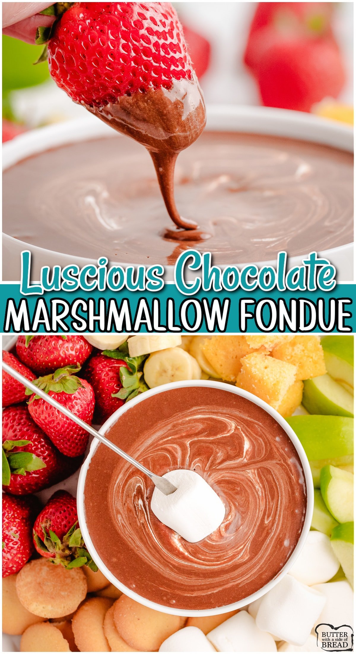 Easy 5 ingredient Chocolate Marshmallow Fondue recipe made with chocolate chips, condensed milk and marshmallow creme! Amazing dessert fondue for dipping fresh fruit! 