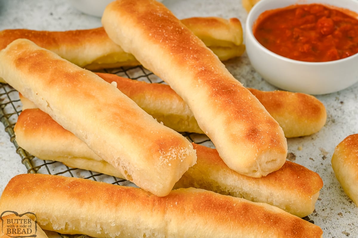 homemade breadsticks brushed with garlic butter