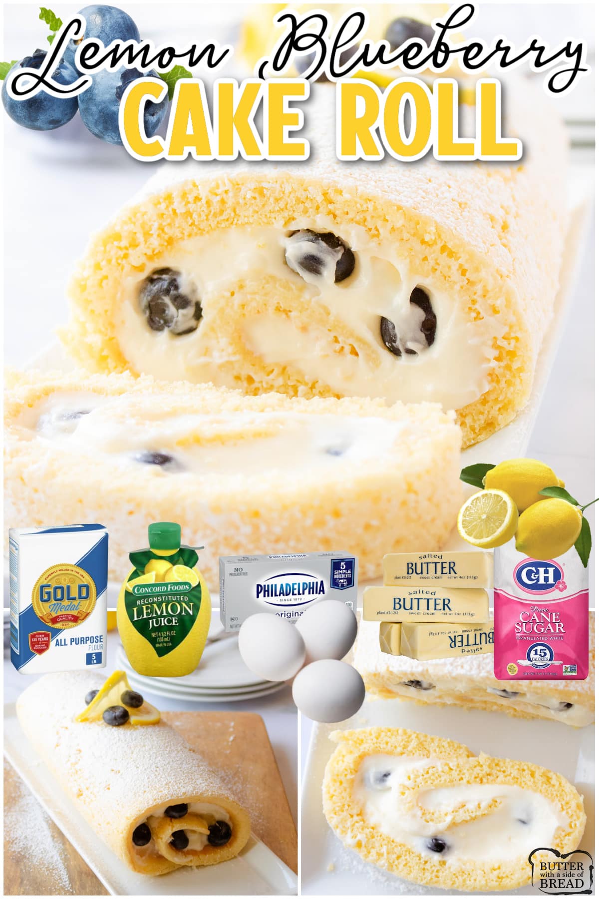 Lemon Blueberry Cake Roll made with classic ingredients & rolled to perfection with layers of sweet cream, lemon cake & fresh blueberries! Homemade Swiss roll cake bursting with fresh Spring flavors!
