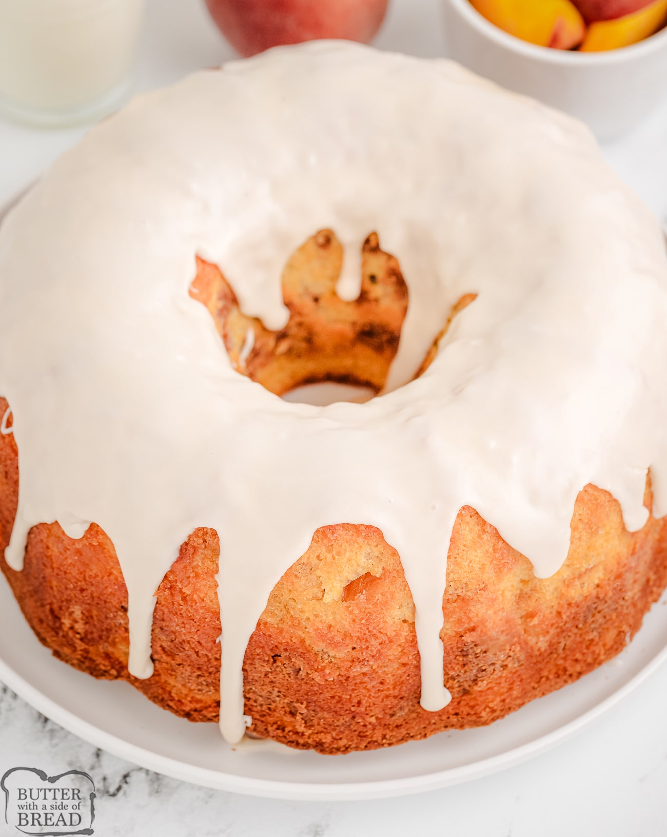 whole peach pound cake with brown sugar crumble baked inside