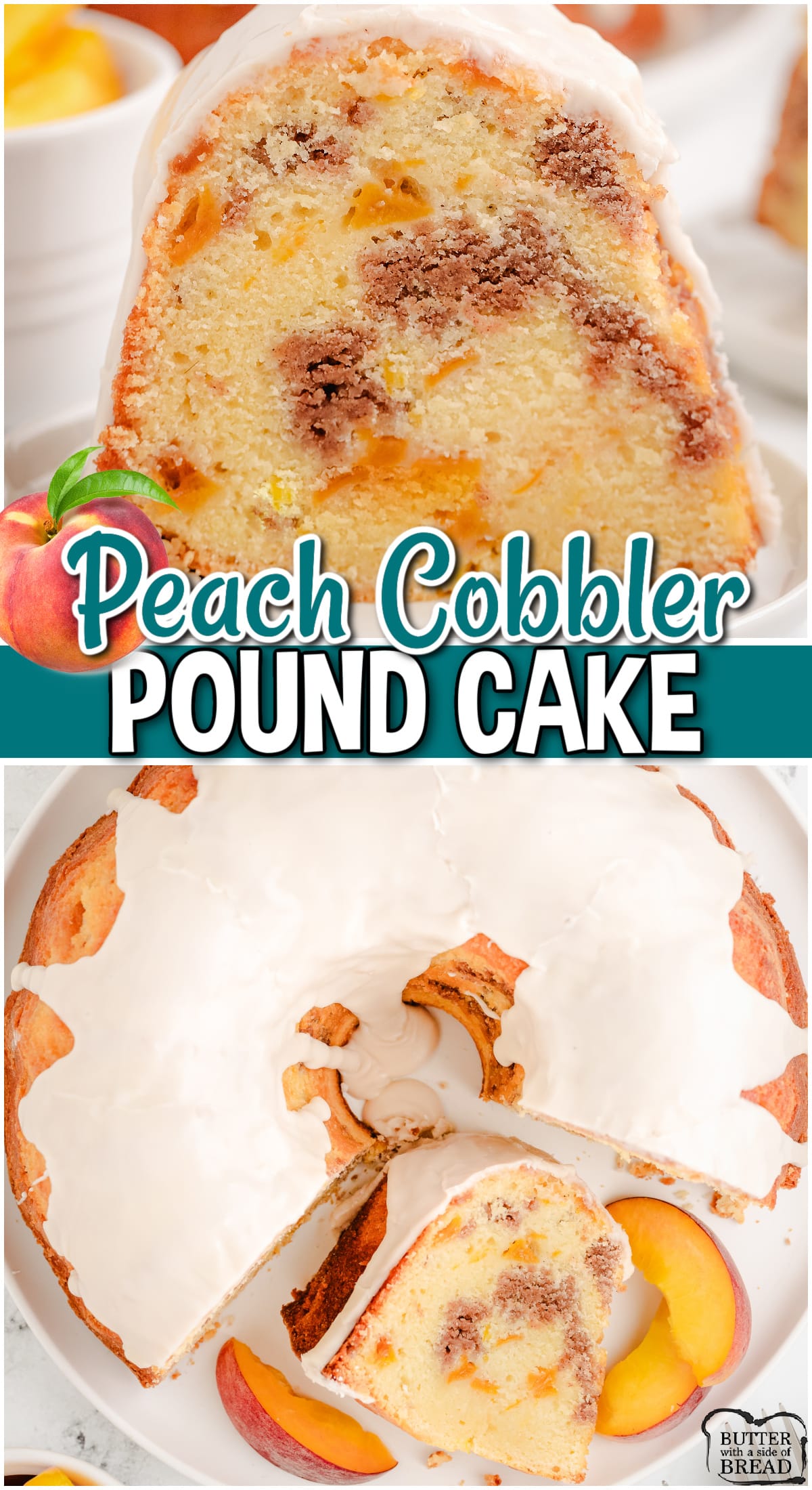 Decadent Peach Cobbler Pound Cake made from scratch and sinfully delicious! Lovely peach flavor in this buttery pound cake baked with layers of cinnamon brown sugar crumble. It's peach cobbler in cake form!