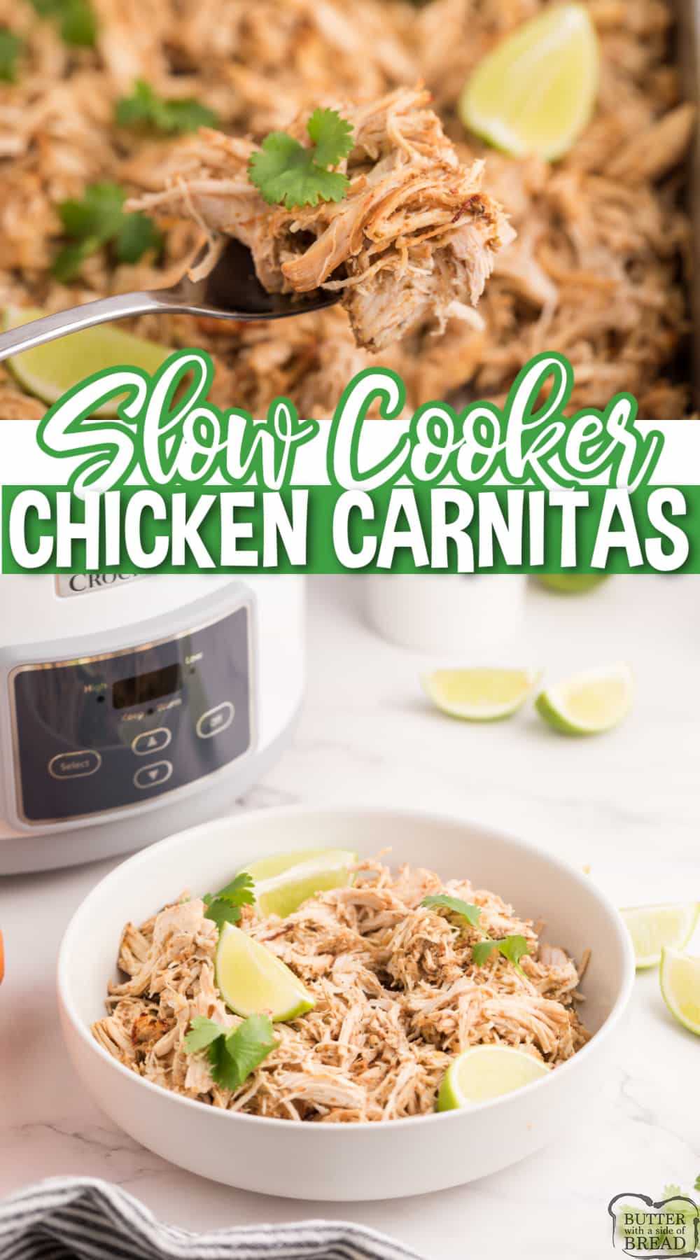 These Slow Cooker Chicken Carnitas are juicy, crispy, and absolutely packed with flavor.  Only 10 minutes of prep to make this delicious and healthy chicken recipe! Quick and easy dinner recipe that everyone loves!